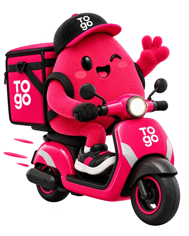 Mascota de TOGO en su scooter rosa, lista para entregar tu pedido